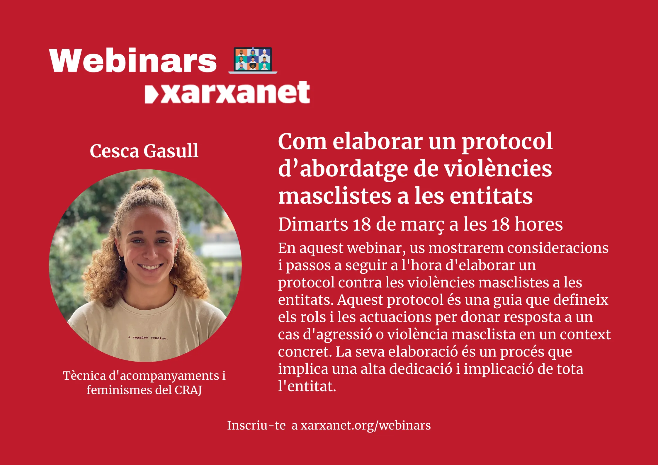 Cartell webinar 'Com elaborar un protocol d'abordatge de violències masclistes a les entitats'