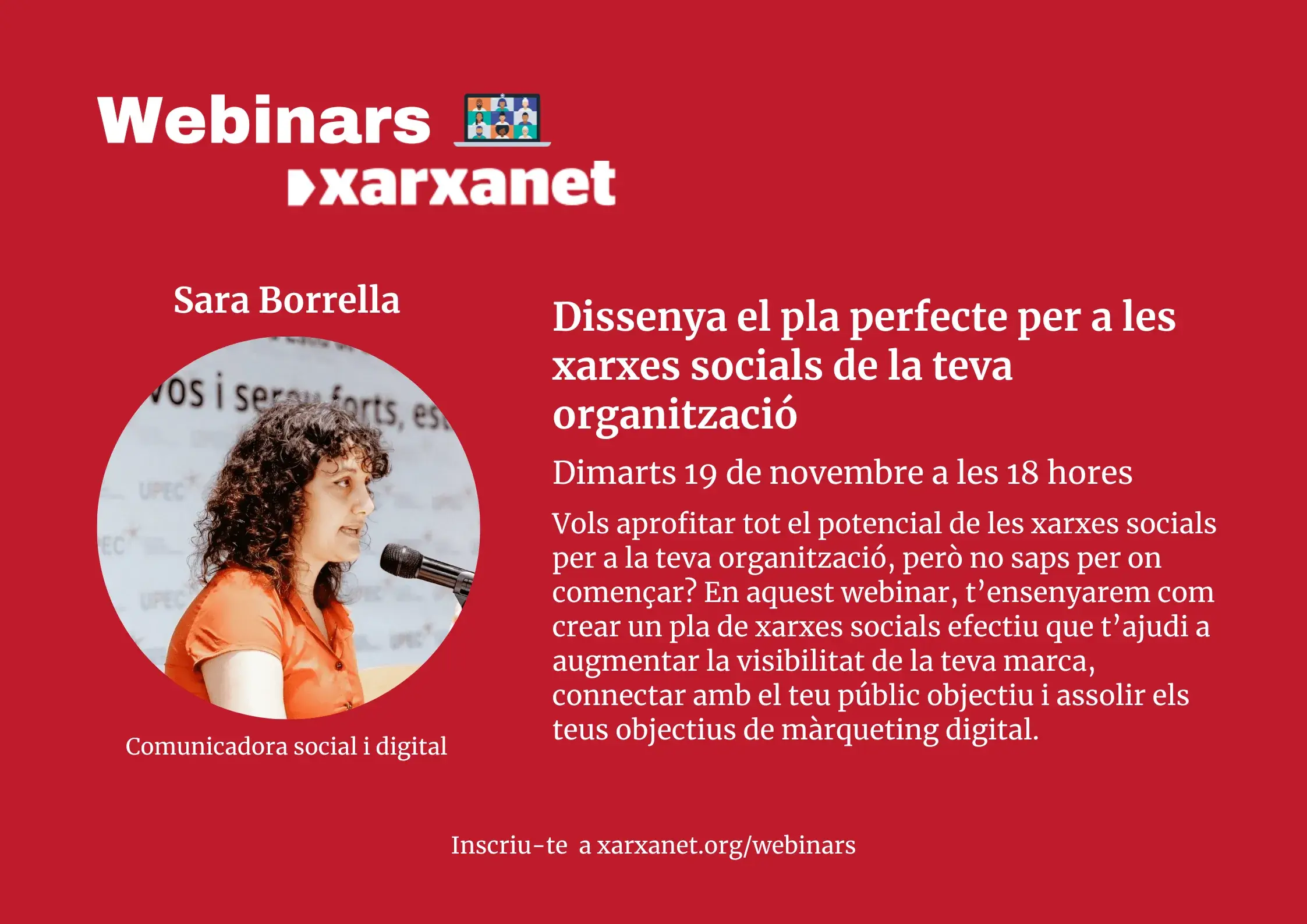 Cartell webinar 'Dissenya el pla perfecte per a les xarxes socials de la teva organització'