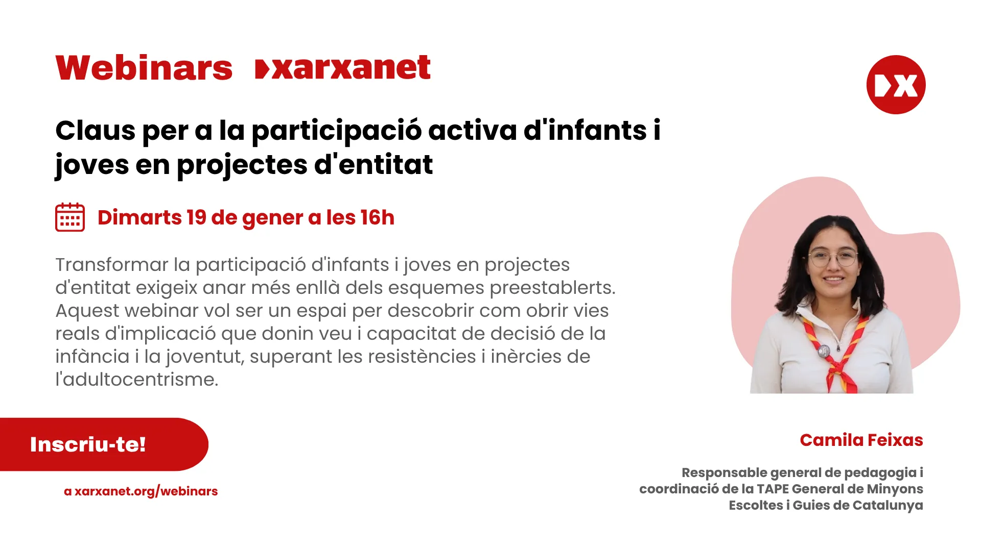 Cartell del webinar, amb un resum, el títol i el nom de la persona que l'impartirà.