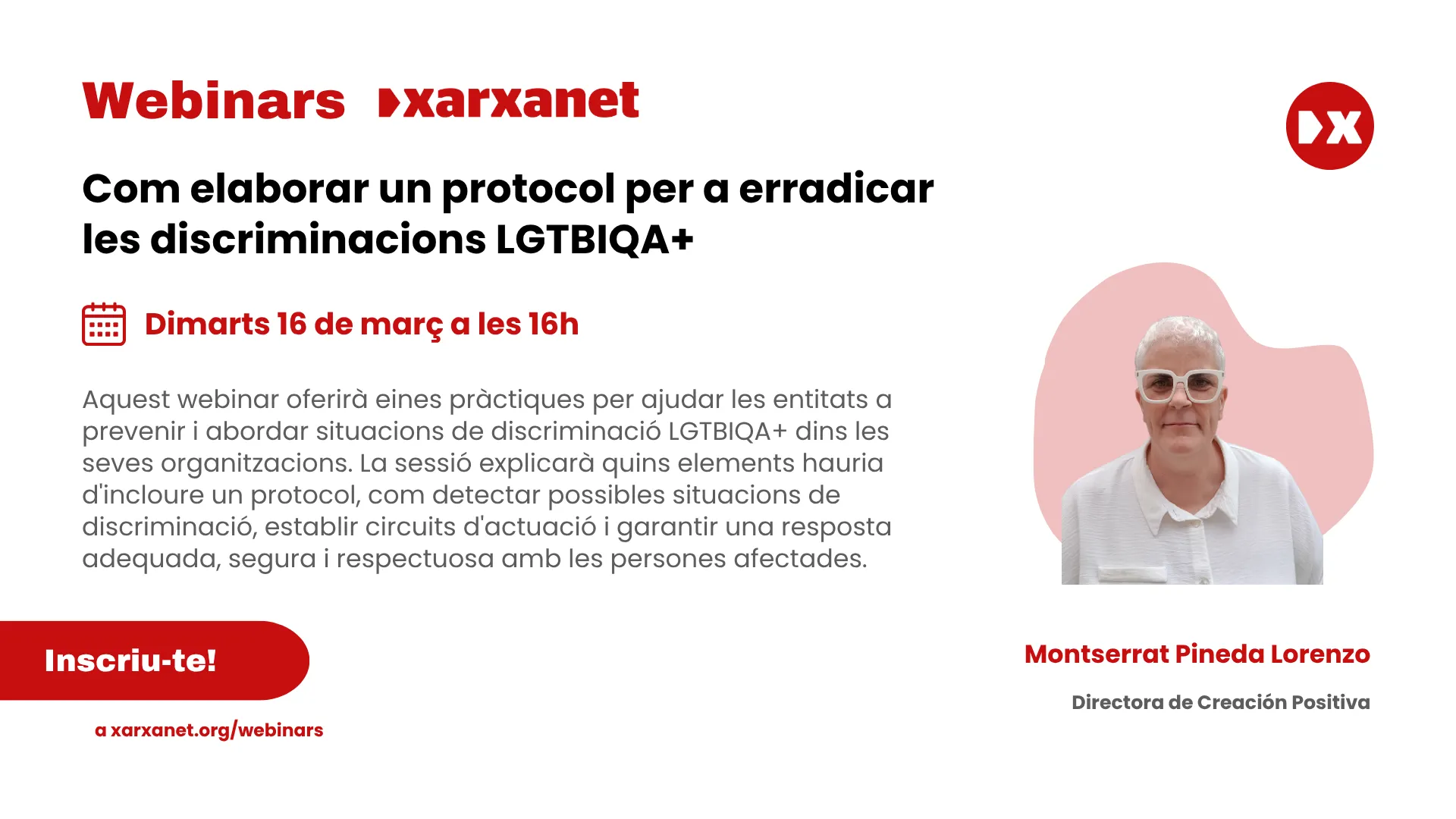 Cartell del webinar, amb un resum, el títol i el nom de la persona que l'impartirà.