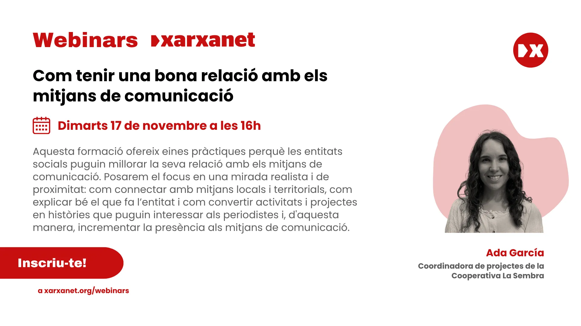 Cartell del webinar, amb un resum, el títol i el nom de la persona que l'impartirà.