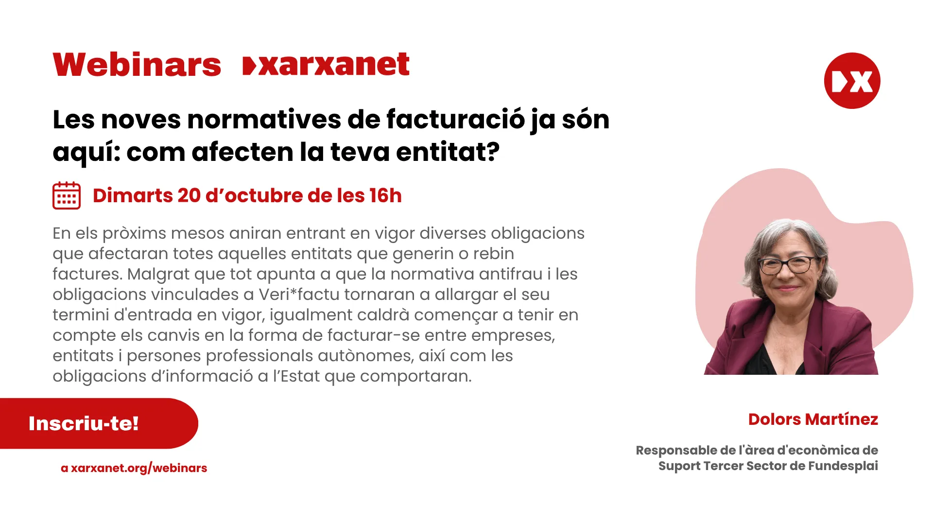 Cartell del webinar, amb un resum, el títol i el nom de la persona que l'impartirà.