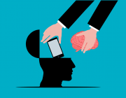 Il·lustració d'una mà que posa un mòbil dins d'un cervel que il·lustra les imposicions que los noves tecnologies suposen sovint per a les persones. Font: Mohamed Hassan (Pixabay)