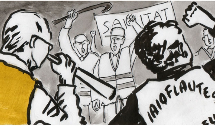 Il·lustració d’Amador per una notícia de societat del diari digital iSabadell titulada ‘Els iaioflautes de Sabadell protesten al Taulí’.