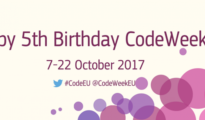 Europe Code Week 2017 tindrà lloc del 7 al 22 d'octubre i celebrarà el seu cinquè aniversari Font: Europe Code Week