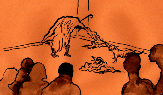 Recreació il·lustrada d'una escena de Fluxus. Autor : Oriol Tuca 2012, 