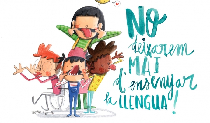 Il·lustració de Joan Turu per la defensa del català a les escoles.
