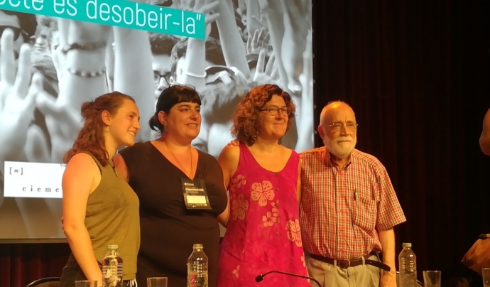 Aitana Ralda, Yolanda Fresnillo, Liz Castro i Arcadi Oliveres a la presentació de l'audiosèrie Font: Aixeta.cat