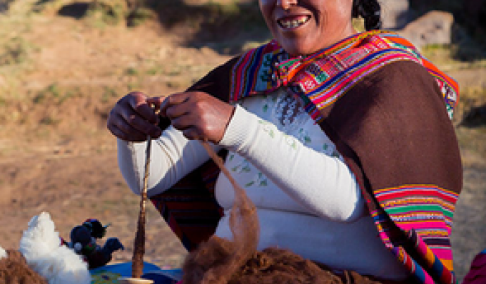 Una dona del la regió del llac Titicaca fent artesania Font: Red Apthapi