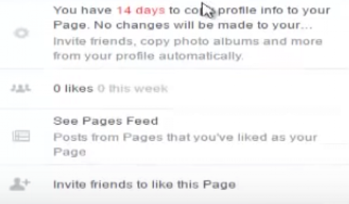 Captura de pantalla on es veu l'avís que comenta Facebook de les eines per acabar de transformar la pàgina Font: Facebook