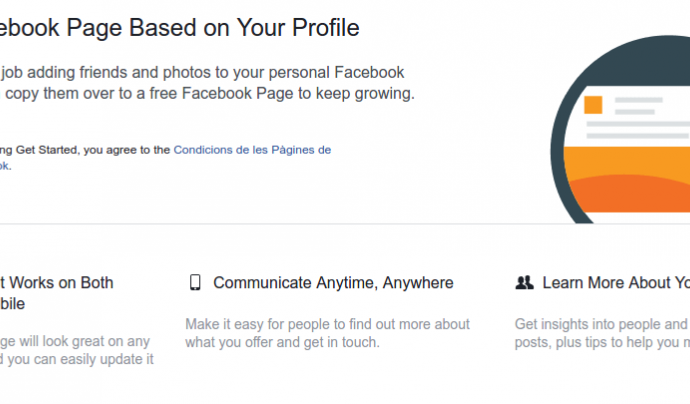 Captura de pantalla de la opció de Facebook per convertir un compte personal en una pàgina de Facebook.  Font: Facebook
