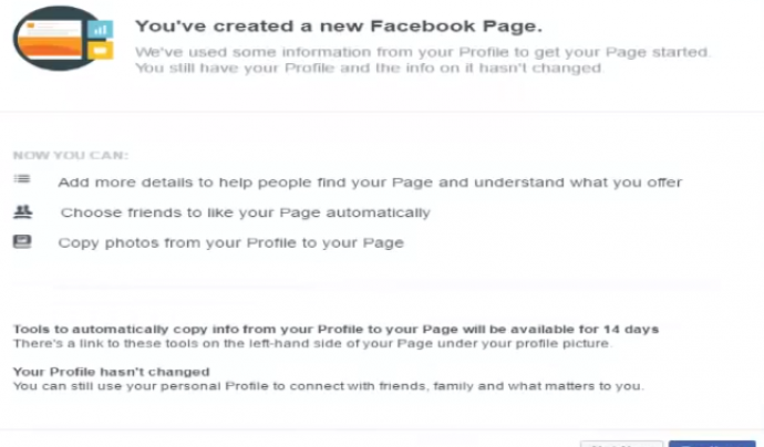 Captura de pantalla del procés de transformació de convertir una compte personal de Facebook en una pàgina de Facebook.  Font: Facebook