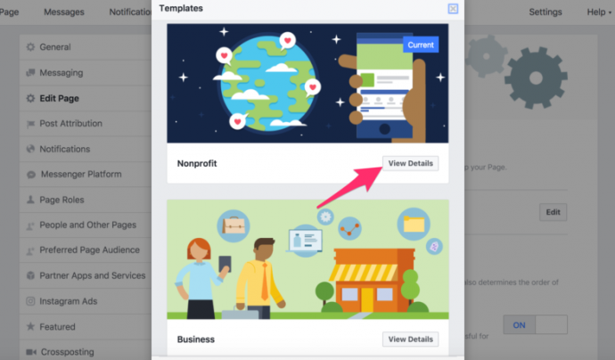 Imatge que explica com activar la plantilla disseny de les entitats Font: Facebook