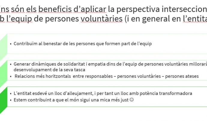 Alguns dels beneficis que pot tenir l'entitat si aplica la perspectiva interseccional amb l'equip de persones voluntàries. Font: FCVS