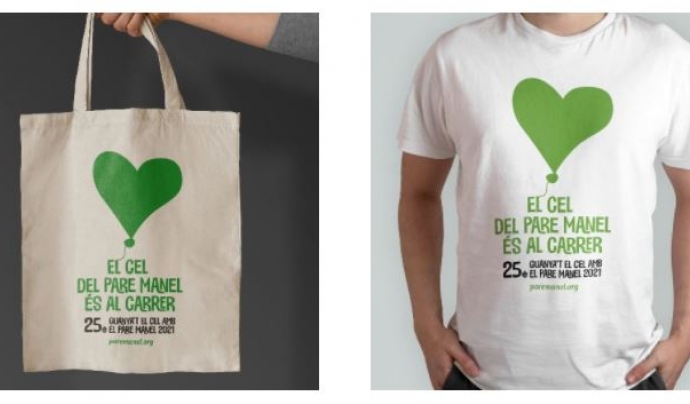Es poden comprar bosses i samarretes solidàries amb la Fundació Pare Manel. Font: Fundació Pare Manel