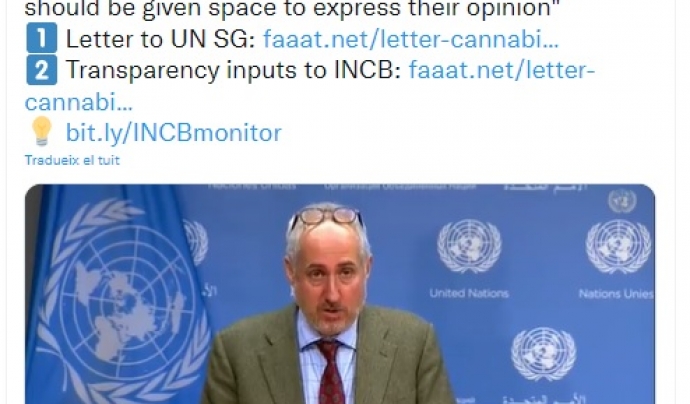 Primera resposta de Nacions Unides a la Junta Internacional de Fiscalització d'Estupefaents (INCB): ‘La societat civil ha de ser escoltada i ha de tenir espai per expressar la seva opinió’ Font: FAAAT