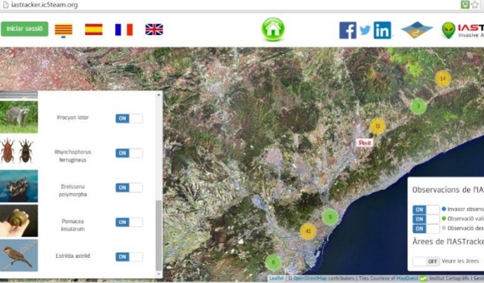 El rastrejador permet localitzar al mapa deteccions d'espècies invasores (imatge:iastracker) Font: 