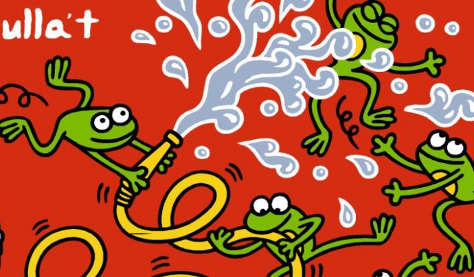 Il·lustració feta per Kukuxumusu d'unes granotes jugant a mullar-se Font: 