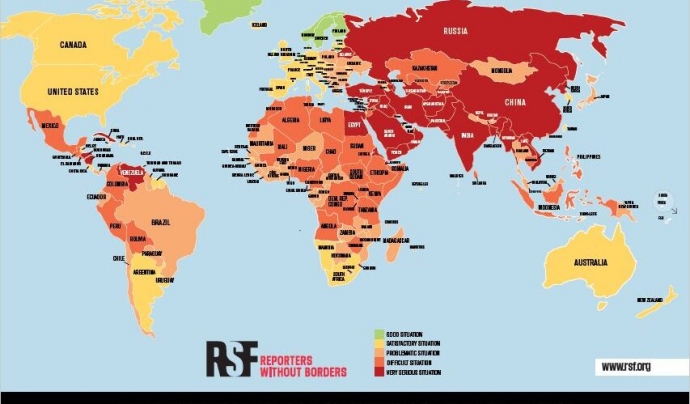 Mapa que mostra els països amb més i amb menys llibertat de premsa al món. Font: Reporters Sense Fronteres