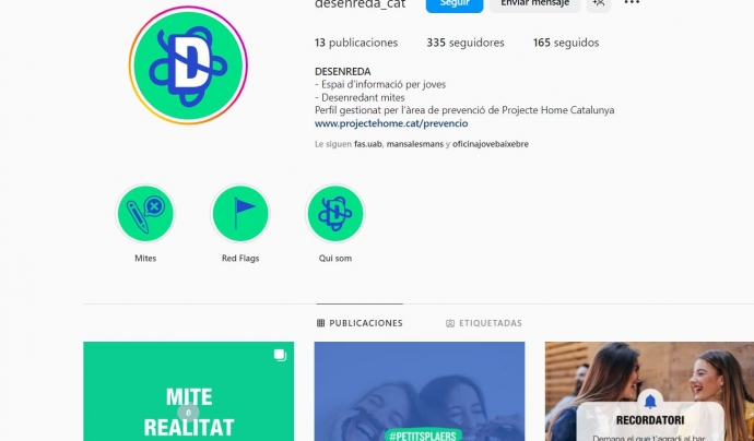 'Desenreda' és un espai d’informació per joves a través d'Instagram des d'on es poden fer consultes per missatge privat. Font: Projecte Home