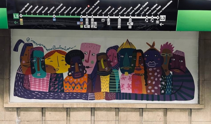 Un dels murals que reivindiquen el llegat d'Arcadi Oliveres al metro de Barcelona. Font: Justícia i Pau