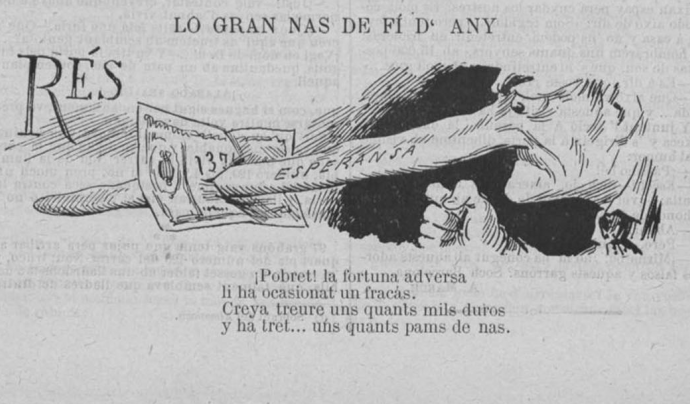 El 31 de desembre de 1891, la satírica Esquella de la Torratxa publicava aquesta vinyeta de l'Home dels Nassos (Foto: L'Esquella de la Torratxa) Font: L'Esquella de la Torratxa