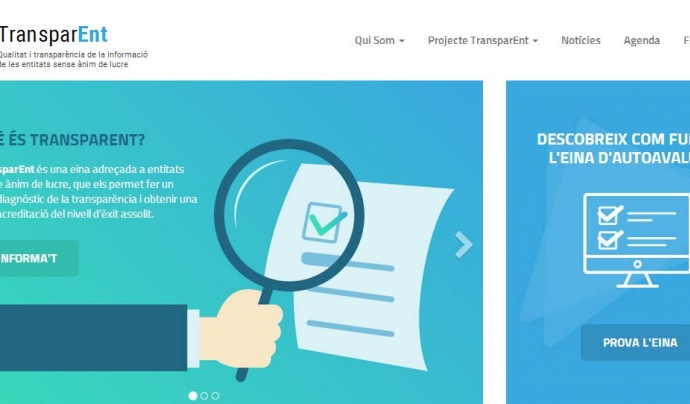 Visualització de la pàgina inicial de TransparENT, l'eina de transparència per a entitats ja disponible. Font: 