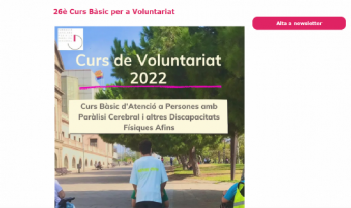 Captura de pantalla de la pàgina web i del cartell del 26è curs bàsic per a Voluntariat. Font: Fundació Catalana per a la Paràlisi Cerebral.