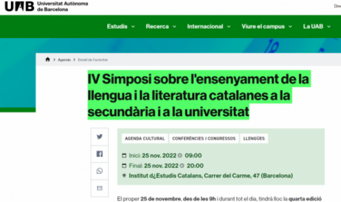 Captura de pantalla de l'apartat d'agenda de la pàgina web de la Universitat Autònoma de Barcelona. Font: UAB.