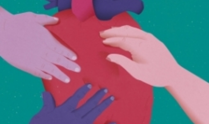 Fragment del cartell principal del congrés, en el qual es representen unes mans ajudant a un cor, símbol de l'àmbit sanitari. Font: Hèlia Dones
