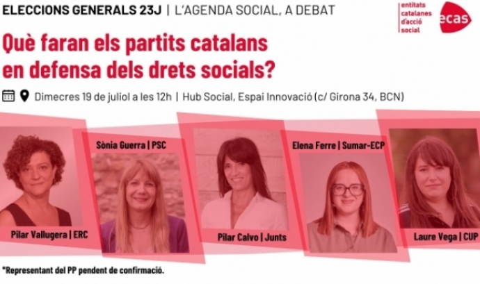 Conèixer les propostes en polítiques socials dels partits que concorren a les eleccions del 23J és l'objectiu del debat organitzat per ECAS (Entitats Catalanes d'Acció Social). Font: ECAS