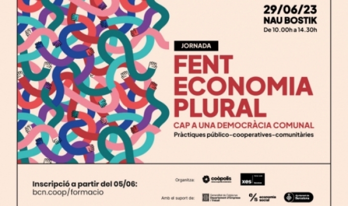Fragment del cartell oficial de la jornada 'Fent economia plural, cap a una democràcia comunal'. Font: Coòpolis
