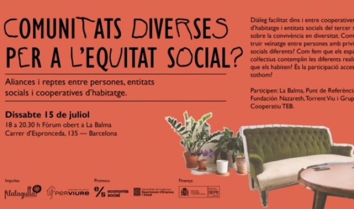 Cartell oficial de la jornada 'Comunitats diverses per a l'equitat social?'. Font: Cooperativa Fil a l'Agulla