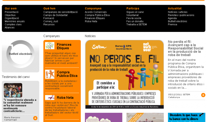 Captura de pantalla de la plana web de SETEM Catalunya