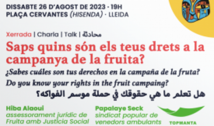 Fragment del cartell oficial de la xerrada 'Saps quins són els teus drets a la campanya de la fruita?'. Font: Fruita amb Justícia Social