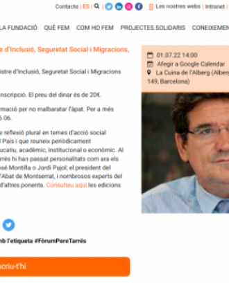 Captura de pantalla del fòrum social de la pàgina web Pere Tarrés sobre 'Conferència amb el Ministre d’Inclusió, Seguretat Social i Migracions'. Font: Fundació Pere Tarrés. 