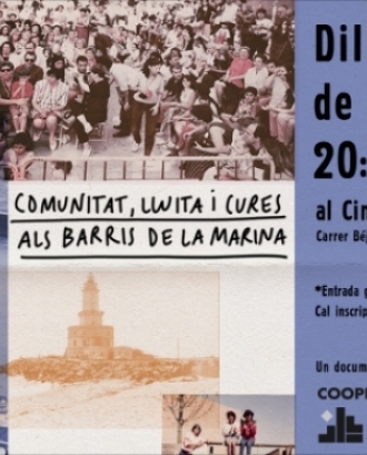 Fragment del cartell oficial de la projecció de 'Veïnes de la perifèria. Comunitat, lluita i cures als barris de La Marina'. Font: CooperAcció