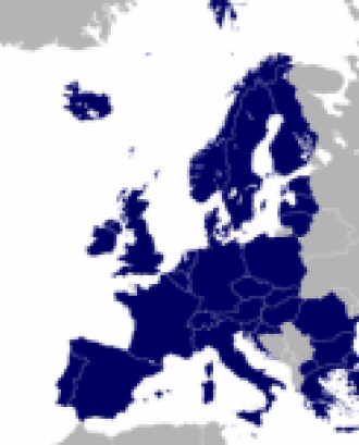 Mapa amb els països de la UE en blau. Font: Wikimedia