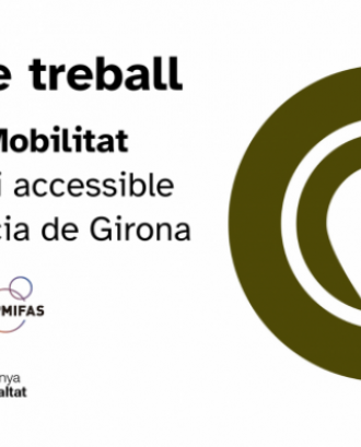 Flyer Grup de treball pel Dret a la Mobilitat Sostenible i Accessible a la provincia de Girona. Inclou el logo d'ECOM, de Grup MIFAS i del Departament d'Igualtat i Feminismes. 