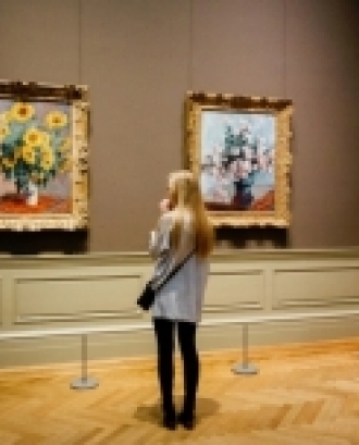 Una persona observant quadres de temàtica floral. Font: Llicència CC Pixabay