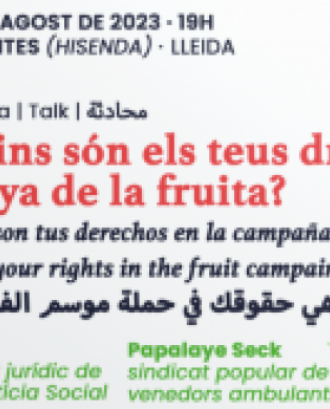 Fragment del cartell oficial de la xerrada 'Saps quins són els teus drets a la campanya de la fruita?'. Font: Fruita amb Justícia Social