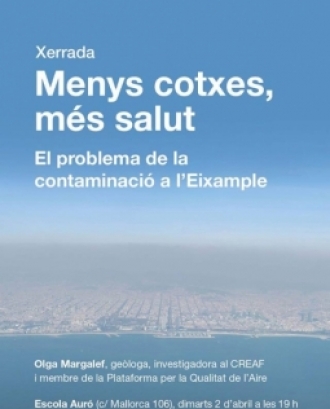 Cartell de la xerrada  "Menys cotxes, més salut: el problema de la contaminació a l'Eixample"
