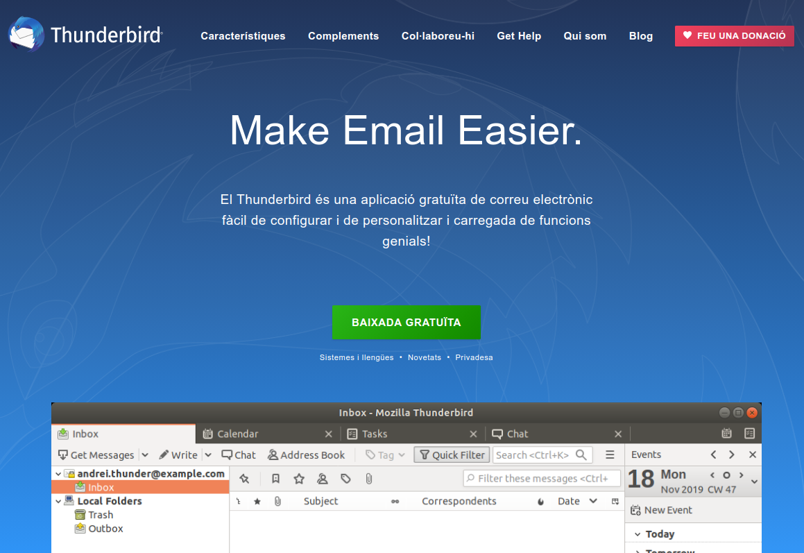 Mozilla Thunderbird és un sistema-client de correu electrònic Font: Mozilla Thunderbird