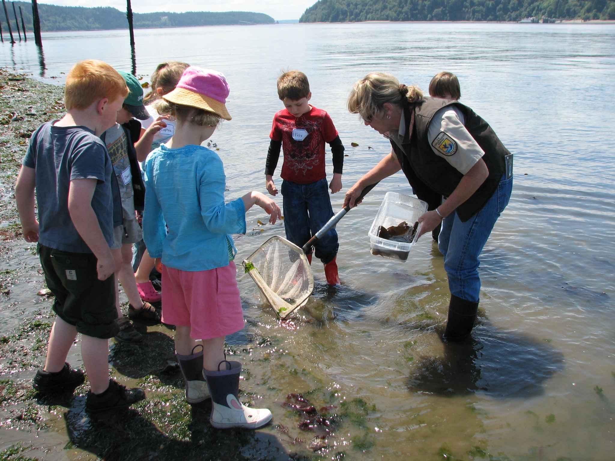 Nens escoltant i mirant a una educadora ambiental que està dins d'un llac